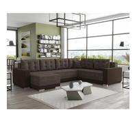 Roger - Canapé panoramique d'angle réversible 7 places convertible avec coffre en tissu - Marron