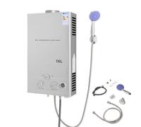 ROGONPDK Chauffe-eau instantané 8 l/12 l/16 l - Montage mural - Avec fonctionnement GPL et pommeau de douche - Chauffe-eau instantané - Pour campings et camping-cars (16 l)