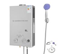 ROGONPDK Chauffe-eau instantané 8L/12L/16L - Montage mural - Avec fonctionnement GPL et pommeau de douche - Chauffe-eau instantané - Pour campings et camping-cars (8 l)