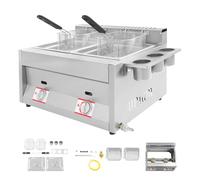 ROGONPDK Friteuse à gaz commerciale, pour plan de travail, double réservoir, fraise de cuisine à double réservoir, fraise à gaz en acier inoxydable avec panier et couvercle, pour restaurants, fêtes