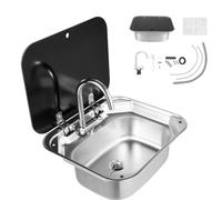 ROGONPDK RV Kit d'évier de camping, Bol simple, Lavabo de caravane, Avec robinet et 3 tuyaux, Évier de camping-car en acier inoxydable avec couvercle en verre, Pour camping-cars, petites cuisines