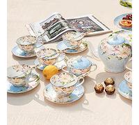 ROHCGHC Les Tasses et Les Assiettes, Service à thé en Porcelaine for Femmes et Adultes, 15 pièces, Tasse à thé et Soucoupe for 6 Personnes, avec crémier et sucrier(Blue)