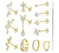 Roheafer 18G Boucles d'oreilles arrière plates sans fil poussée hypoallergénique en boucles d'oreilles en acier chirurgical 316L cartilage piercing bijoux 12PCS