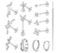 Roheafer 20G Boucles d'oreilles arrière plates sans fil poussée argent hypoallergénique en boucles d'oreilles en acier chirurgical 316L cartilage piercing bijoux 12PCS