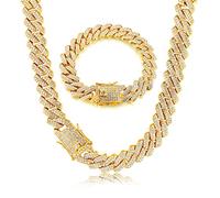 Roheafer Cubains Chaîne pour Homme Iced Out Bracelet Collier Cubain Miami 14MM Zircon Cubique Collier et Bracelet Chaîne Diamant Bling Plaqué Or 18K Bijoux Hip Hop pour Hommes Femmes
