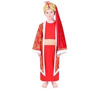 Roi de la Nativité rouge pour enfant - Grande tunique rouge avec cape attachée et turban doré - Costume de mage, crèche de Noël