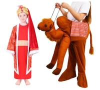 Roi de la Nativité rouge pour enfant - XL - Tunique rouge avec cape attachée, turban doré et costume de chameau marron - Costume de crèche de Noël pour enfants