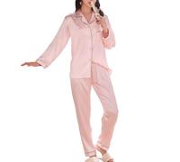Rojeam Ensemble de Pyjama Femme Pyjama en Satin de Soie Manche Longue Vêtements de Nuit 2 Pièces, Rose Clair, Taille XS