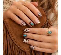 Rokahebi 24 ongles press-on courts, imprimé vache et strass | 24 ongles carrés courts, imprimé vache et écaille, accents strass turquoise, avec autocollants gel et lime à ongles