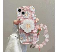 Rokmym Compatible avec Coque iPhone 12 avec Fleurs Glitter Perle Bracelet Chain Strap Coque avec Support Protection Wave Edge TPU Design Pearl Femme Fille Etui pour iPhone 12