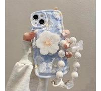 Rokmym Compatible avec Coque iPhone 12 Mini avec Fleurs Glitter Perle Bracelet Chain Strap Coque avec Support Protection Wave Edge TPU Design Pearl Femme Fille Etui pour iPhone 12 Mini