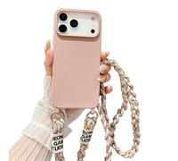 Rokmym Coque pour iPhone 17 Pro avec Cordon,Étui Silicone Liquide Housse avec Tour de Cou Lanière en Corde Coque avec Bandoulière Réglable Lanyard Protection Anti-Choc Cover,Rose Sable