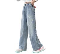 Rolanko Jeans Large Fille Bootcut Déchiré Troué Élastique Waille Denim Pantalon pour Enfants, Amour Bleu, Taille : 11-12 ans/160