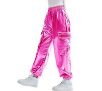 Rolanko Pantalon Cargo Métallique Brillant pour Filles, Taille Élastique Pantalon de Danse Hip-Hop pour Enfants Rétro Disco Streetwear