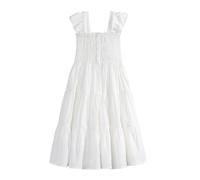 Rolanko Robes pour Filles Manches à Volants Midi A-Line avec Encolure Carrée Elastique Smockée et Poches, Blanc, Taille: 5-6 ans/120