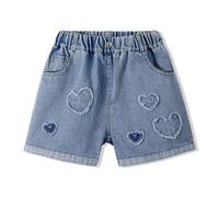 Rolanko Shorts en Jean pour Filles Taille Élastiquée Été Déchirés Jeans Courts avec Poches pour Enfants, Patchwork du Cœur, Taille: 7-8 Ans, 130