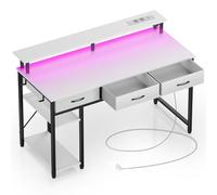 Rolanstar Bureau avec Rangement 137 cm - Table ado avec 3 tiroirs, éclairage LED Gaming et Prises de Courant - Bureau pour Ordinateur à Domicile, Blanc