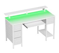 Rolanstar Bureau avec Tiroirs, Bureau Gamer 120 x 47 cm avec Prise Intégrée, LED et Support Écran, Bureau d'Ordinateur avec Plateau Clavier- pour Jeu Travail Étude, Blanc (Blanc)