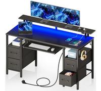 Rolanstar Bureau avec Tiroirs, Bureau Gamer 120 x 47 cm avec Prise Intégrée, LED et Support Écran, Bureau d'Ordinateur avec Plateau Clavier- pour Jeu Travail Étude, Noir