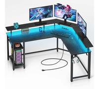 Rolanstar Bureau Gaming d'angle en L avec LED, Prises et Ports USB, 135 x 118 cm, Table d'Ordinateur avec Support Écran, Rangement et 2 Crochets, Bureau Réversible, Noir
