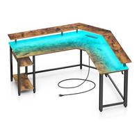 Rolanstar Bureau Gaming d'angle en L avec LED, Prises et Ports USB, 135 x 118 cm, Table d'Ordinateur avec Support Écran, Rangement et 2 Crochets, Bureau Réversible, Marron