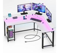 Rolanstar Bureau Gaming d'angle en L avec LED, Prises et Ports USB, 135 x 118 cm, Table d'Ordinateur avec Support Écran, Rangement et 2 Crochets, Bureau Réversible, Blanc