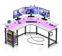 Rolanstar Bureau Gaming d'angle en L avec LED, Prises et Ports USB, 135 x 135 cm, Table d'Ordinateur avec Support Écran, Rangement et 2 Crochets, Bureau Réversible, Blanc