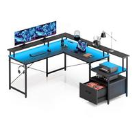 Rolanstar Bureau Gaming Réversible 159 cm avec LED, Prises & Ports USB, Support Écran - Forme L ou Linéaire, Tiroirs en Bois, Grand Rangement - Noir