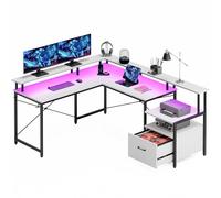 Rolanstar Bureau Gaming Réversible 159 cm avec LED, Prises & Ports USB, Support Écran - Forme L ou Linéaire, Tiroirs en Bois, Grand Rangement - Blanc