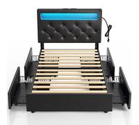 Rolanstar Cadre de lit double avec station de charge et lumières LED, lit rembourré en cuir synthétique avec tête de lit réglable et 4 tiroirs de rangement, pas besoin de sommier tapissier, assemblage