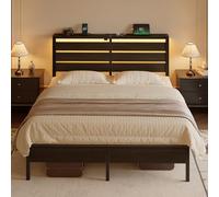 Rolanstar Lit Double 140x200 cm 2 Personnes avec LED, Ports USB & C, tête de lit et Rangement sous lit, Sommier métal, Facile à Assembler - Noir