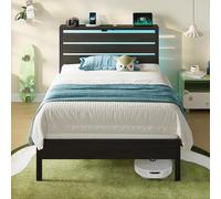 Rolanstar Lit Simple 90x190 cm avec LED, Ports USB & C, tête de lit et Rangement sous lit, Sommier métal, Facile à Assembler - Noir