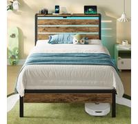 Rolanstar Lit Simple 90x190 cm avec LED, Ports USB & C, tête de lit et Rangement sous lit, Sommier métal, Facile à Assembler - Chêne Vintage