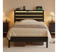 Rolanstar Lit Simple 90x200 cm avec LED, Ports USB & C, tête de lit et Rangement sous lit, Sommier métal, Facile à Assembler - Noir