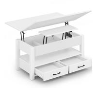 Rolanstar Table Basse Relevable et Extensible en Bois - avec Tiroir, Rangement Caché et Compartiment Ouvert - Convertible en Table à Manger - Idéale pour Petits Espaces - Blanc
