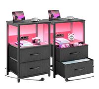 Rolanstar Table de Chevet Moderne avec LED, Prise et USB, 2 Tiroirs de Rangement, Table de Nuit Idéale pour Chambre, Salon ou Bureau - Noir, 2 Pièce