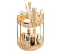 ROLIZOE Organisateur Maquillage Rotatif 360° Rangement Maquillage 2 Niveaux Organisateur de Cosmétiques avec Porte-balais Présentoir Cosmétique Organisateur de Parfum pour Commode, Salle de Bain, Doré