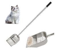 ROLKAR Pelle à déjections canines pour sable en acier inoxydable, outil de nettoyage à long manche, pelle à litière pour chat, pelle à tamis pour boîte à litière pour chaton, pelle à déjections