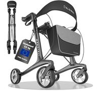 Rollator en carbone pliable et léger avec siège, rollator de voyage léger 5,5 kg, aide à la marche pour seniors réglable en hauteur sur 9 niveaux, déambulateur pliable, avec sac
