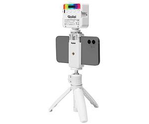 Rollei Kit de Bureau LED Comfort - Blanc - Mini trépied avec lumière vidéo LED RVB, tête sphérique et Support pour Smartphone, idéal pour Les Vloggers et Les blogueurs