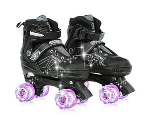 Roller Enfant Fille Garcon Adulte Patin a Roulette Fille Rollers Quad avec 8 Roues, Patin a Roulette Enfant 4 Taille Réglable, Patins à roulettes à Double Rangée (Noir, Roues Lumineuses, M)