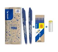 roller FriXion Ball 0,7 mm encre gel effaçable bleu lot 2 stylos + 6 recharges + gomme blanche pointe moyenne
