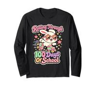 Rollin' Through 100 Days of School Cute Bunny Teacher Girl Manche Longue
