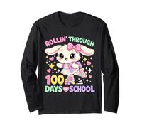 Rollin' Through 100 Days of School Cute Bunny Teacher Girl Manche Longue