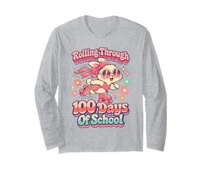 Rollin' Through 100 Days of School Cute Bunny Teacher Girl Manche Longue