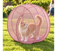 rolling cat playpen with Top Handle, Foldable Mesh, 27.6 in (Pink) | Black mesh cat playpen with a top handle, zippered opening and foldable design; 27.6 x 27.6 x 27.6 in when open.