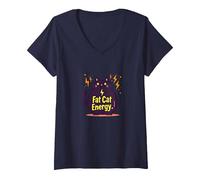 Rolling Fatties Cat Fat Cat Energy Funny Feline Humour T-Shirt avec Col en V, Femme, Bleu Marine, L