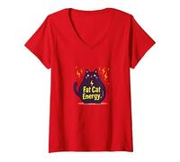 Rolling Fatties Cat Fat Cat Energy Funny Feline Humour T-Shirt avec Col en V, Femme, Rouge, S