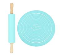 Rolling Pin and Pastry Baking Mat Set, Non Stick French Rolling Pin Silicone Baking Mat Dough Roller Set for Pizza, Fondant, Pastry (Blue)