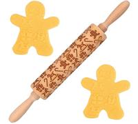 Rolling Pin de Noël en bois de 14 pouces Gingerbread Homme à rouleau en relief avec canne à bonbons, boîte cadeau et cheval bascule pour biscuits, tarte la cuisson